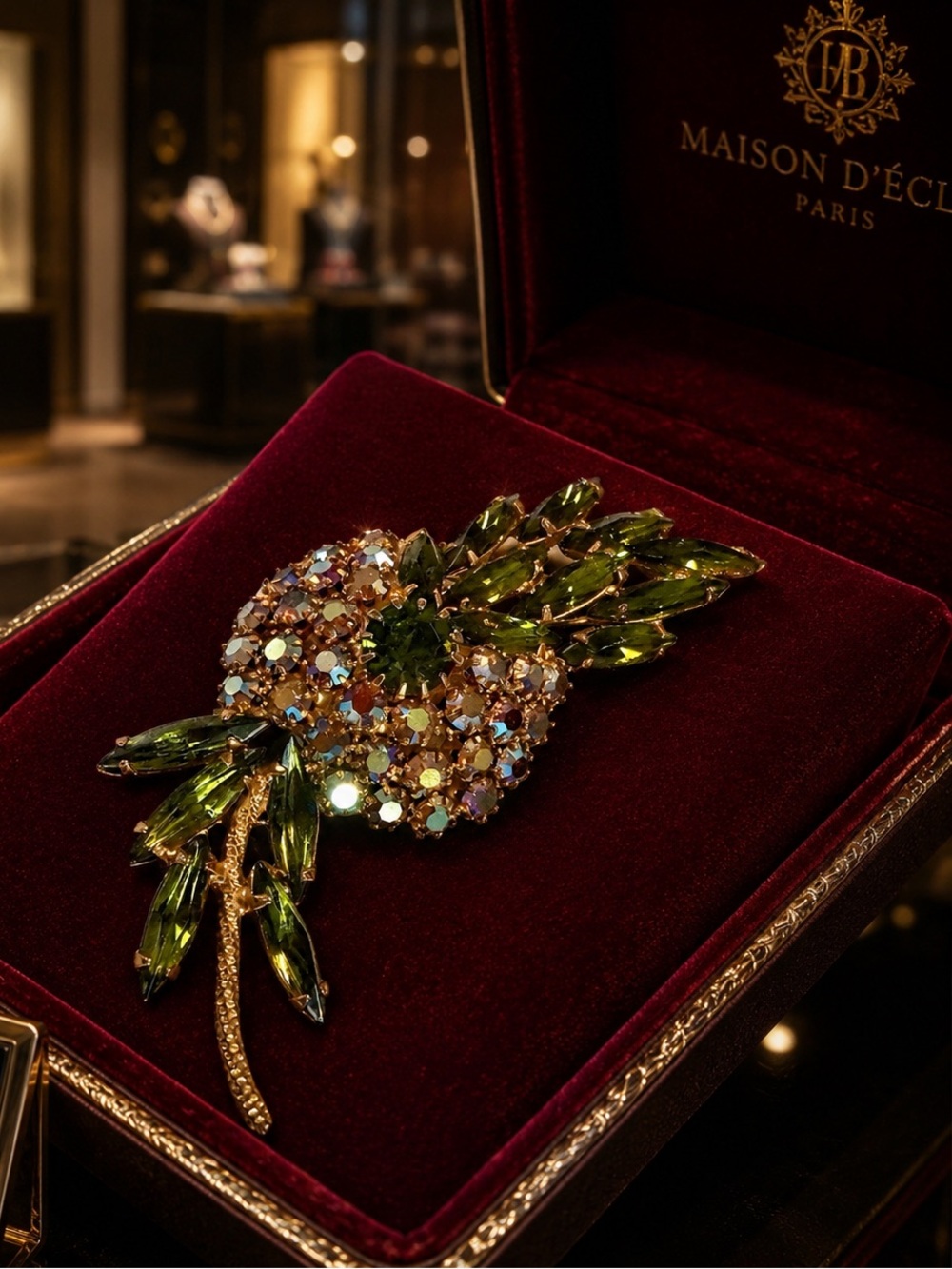 Late 40’s Magnificent Olivine and Aurora Borealis Crystals Rare Brooch